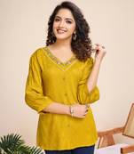mustard pure viscose floral embroidered a-line top