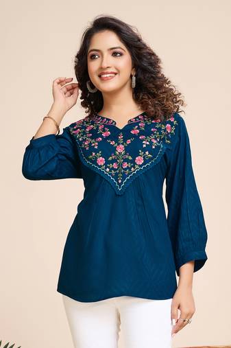  teal pure viscose floral embroidered a-line top