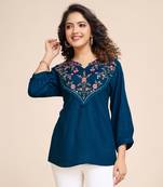  teal pure viscose floral embroidered a-line top
