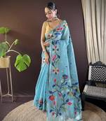 Sky Blue Cotton Silk Saree With Cotton Zari Weav Work With Blouse