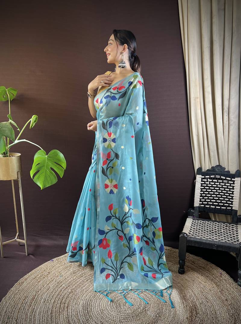 Sky Blue Cotton Silk Saree With Cotton Zari Weav Work With Blouse