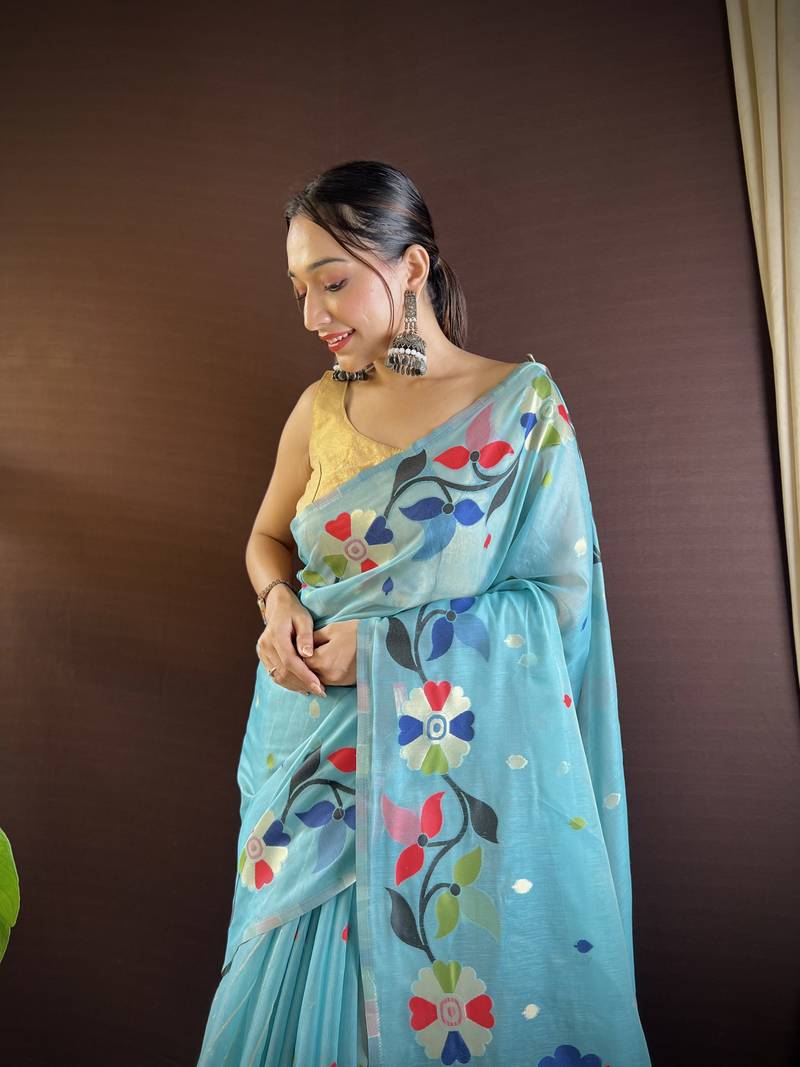 Sky Blue Cotton Silk Saree With Cotton Zari Weav Work With Blouse