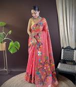 Red Cotton Silk Saree With Cotton Zari Weav Work With Blouse