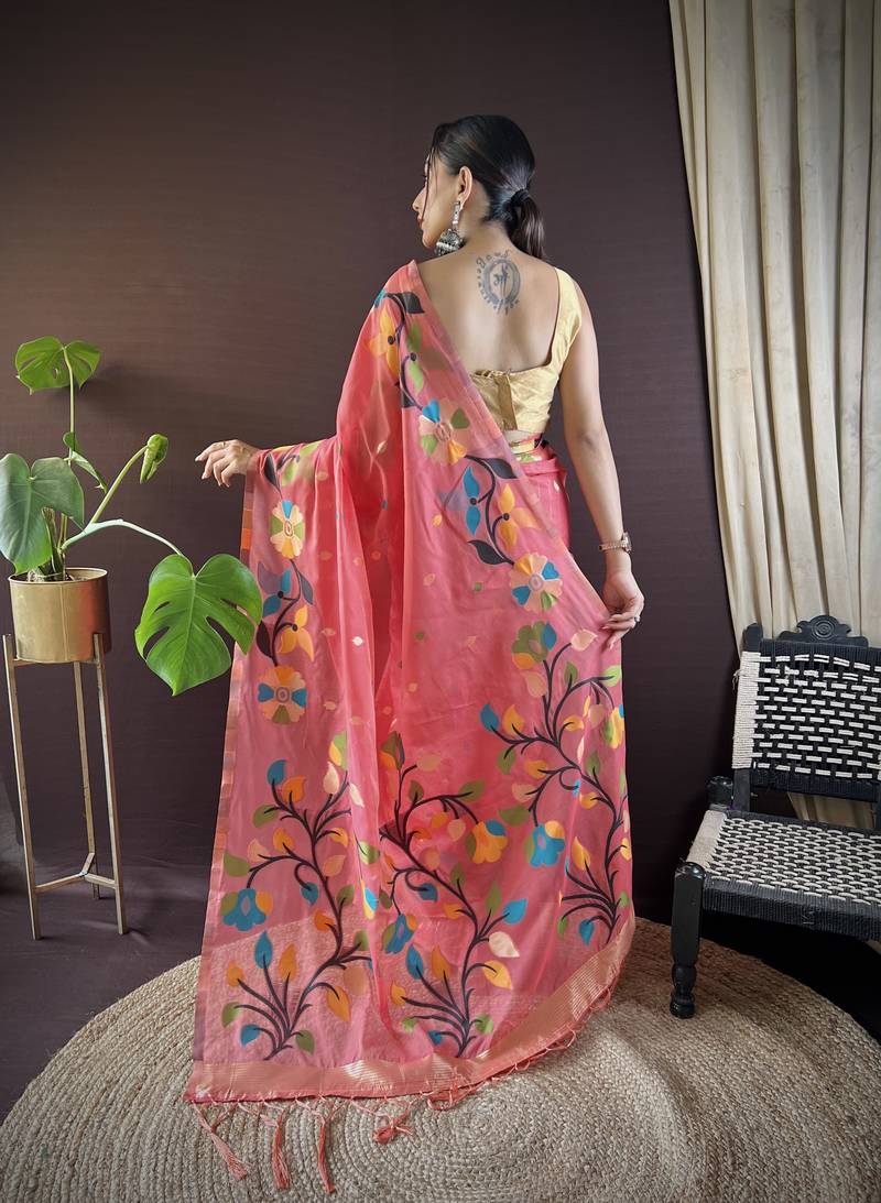 Red Cotton Silk Saree With Cotton Zari Weav Work With Blouse