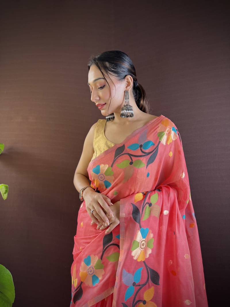 Red Cotton Silk Saree With Cotton Zari Weav Work With Blouse