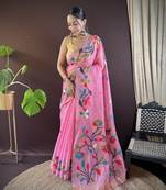 Pink Cotton Silk Saree With Cotton Zari Weav Work With Blouse