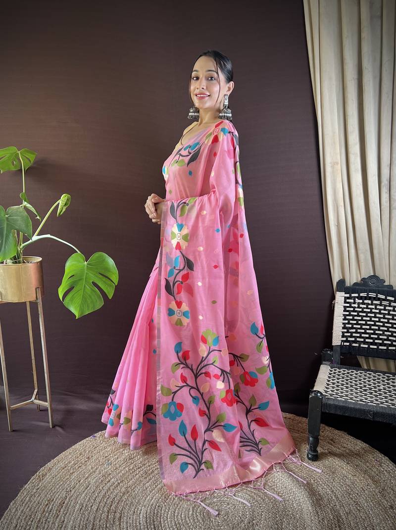 Pink Cotton Silk Saree With Cotton Zari Weav Work With Blouse