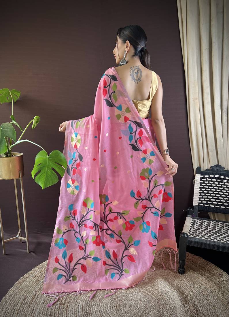 Pink Cotton Silk Saree With Cotton Zari Weav Work With Blouse