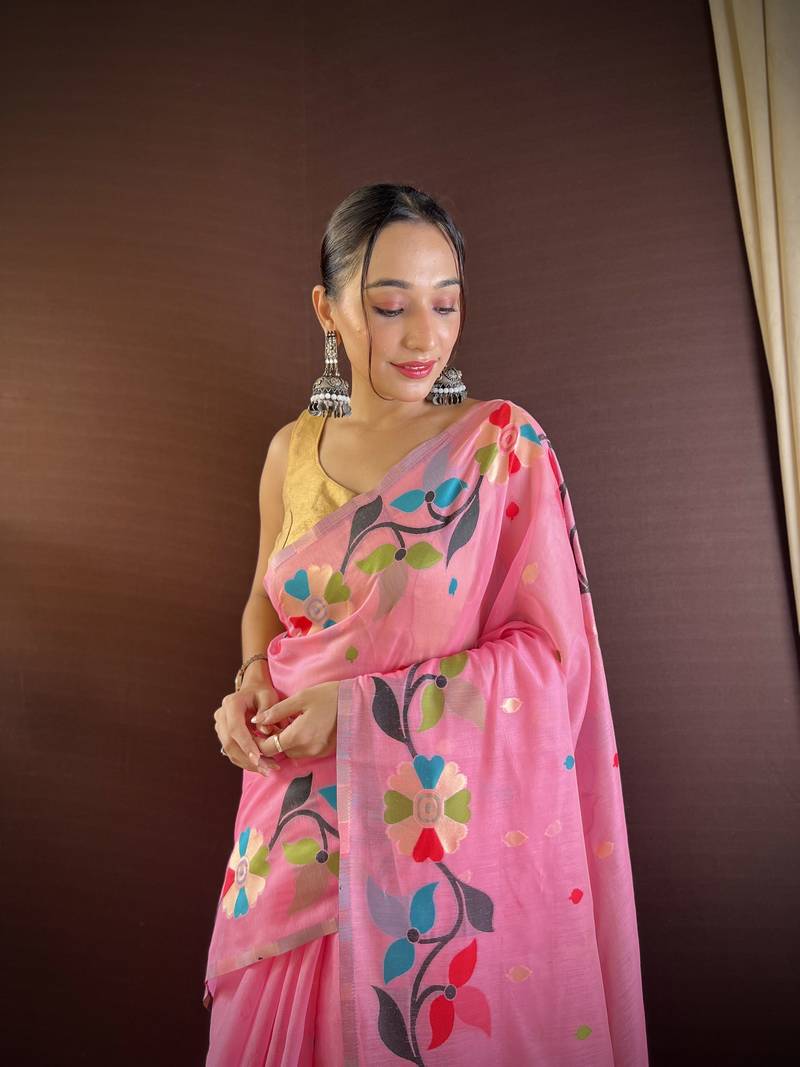 Pink Cotton Silk Saree With Cotton Zari Weav Work With Blouse