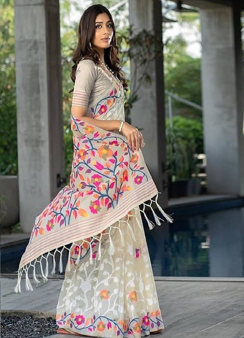 White Cotton Silk Saree With Cotton Zari Weav Work With Blouse