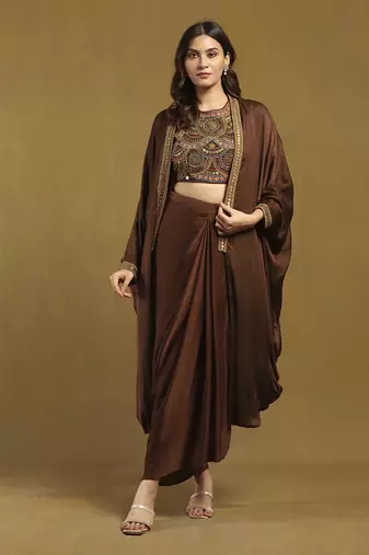 Brown yale cape with bustier and skirt co-ord set