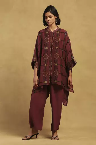 Red kinnauri cape with inner and pant co-ord set