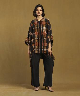 Black kinnauri cape with inner and pant co-ord set 1