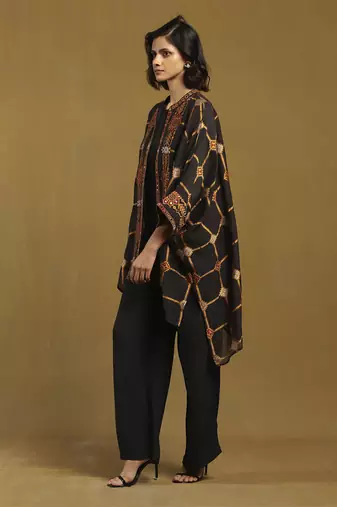 Black kinnauri cape with inner and pant co-ord set