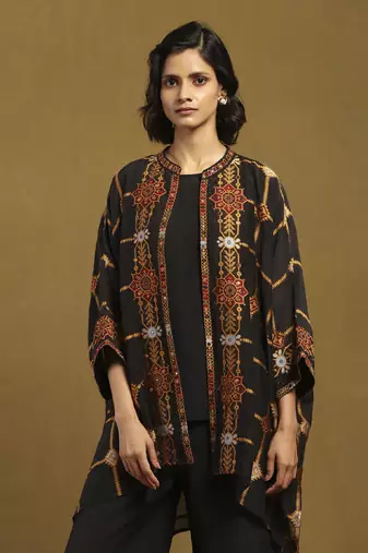 Black kinnauri cape with inner and pant co-ord set