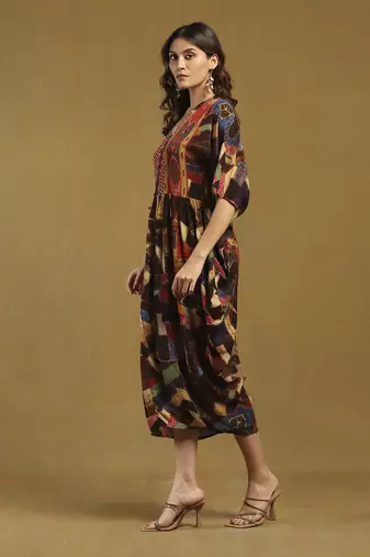 Brown velvet patchwork kaftan dress