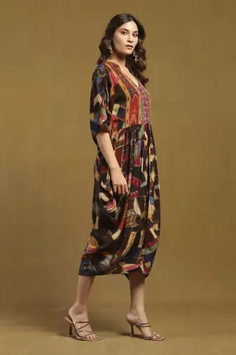 Brown velvet patchwork kaftan dress