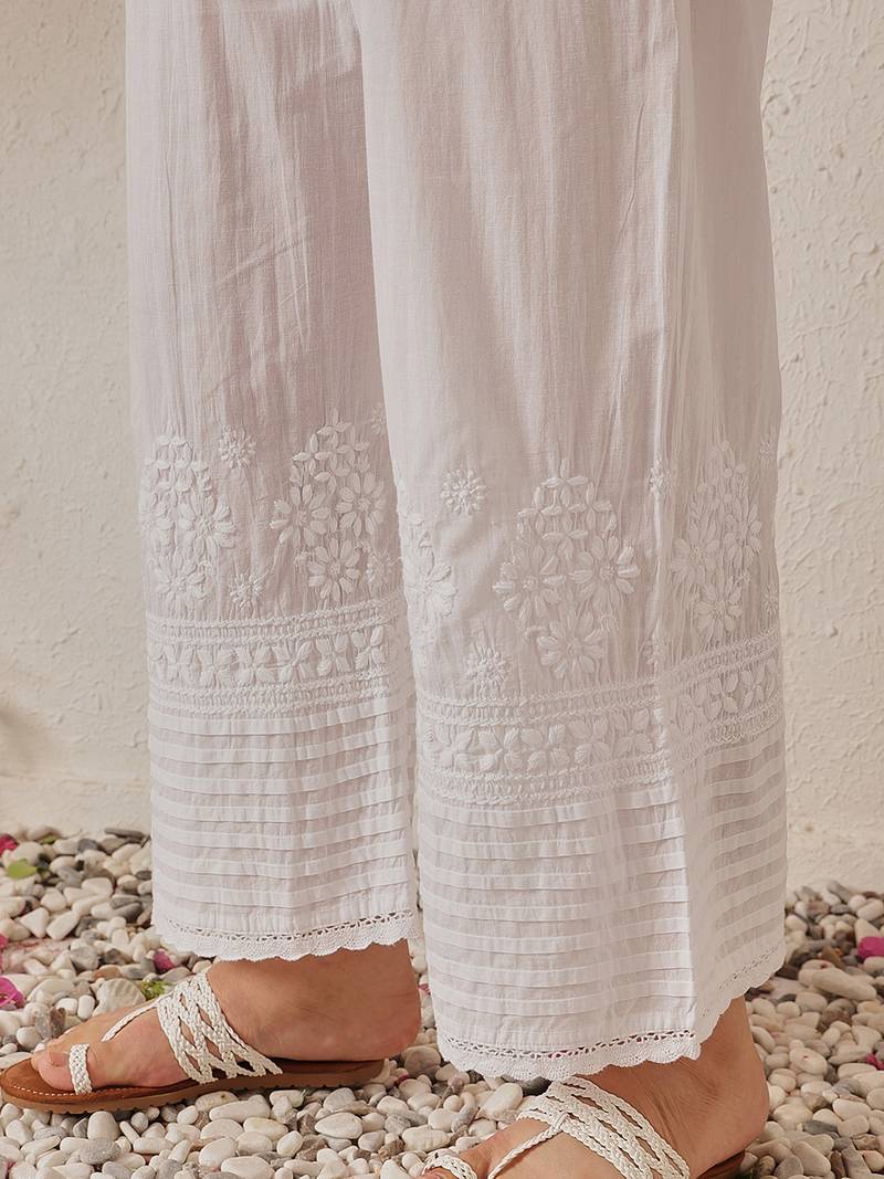 hand embroidered white cotton lucknowi chikankari palazzo 