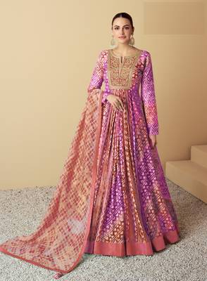 Purple and peach embroidered muslin free size stitched anarkali suit 1