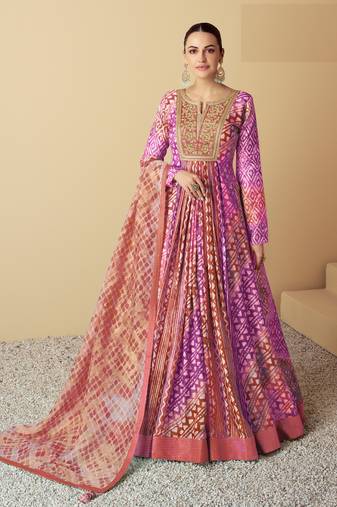 Purple and peach embroidered muslin free size stitched anarkali suit
