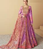 Purple and peach embroidered muslin free size stitched anarkali suit