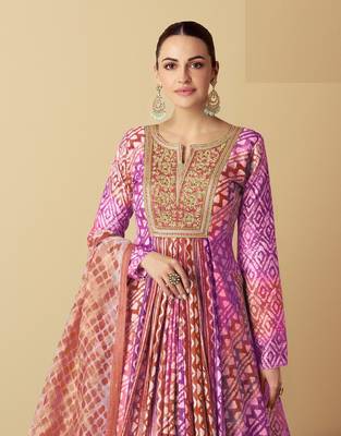 Purple and peach embroidered muslin free size stitched anarkali suit 2