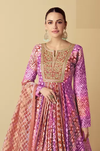 Purple and peach embroidered muslin free size stitched anarkali suit