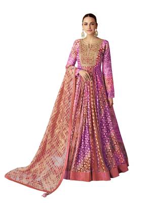 Purple and peach embroidered muslin free size stitched anarkali suit 3