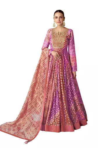 Purple and peach embroidered muslin free size stitched anarkali suit