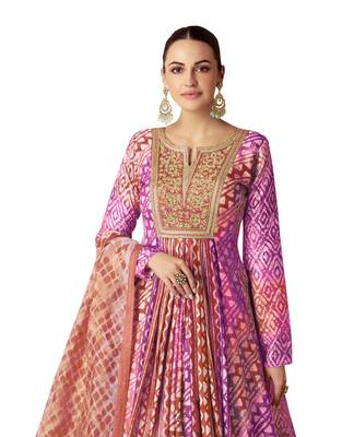 Purple and peach embroidered muslin free size stitched anarkali suit 4