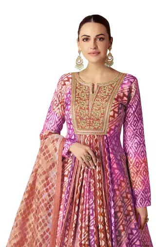 Purple and peach embroidered muslin free size stitched anarkali suit
