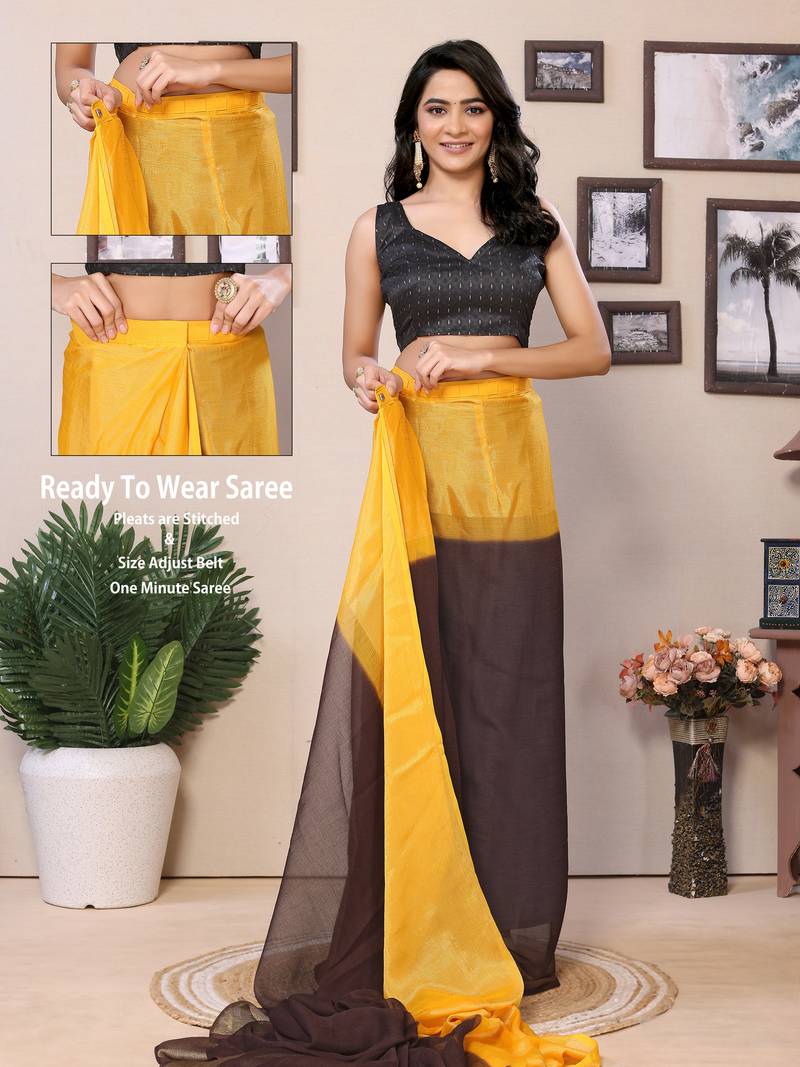Ready To Wear Yellow Chiffon Saree With woven stripe work Saree With Blouse