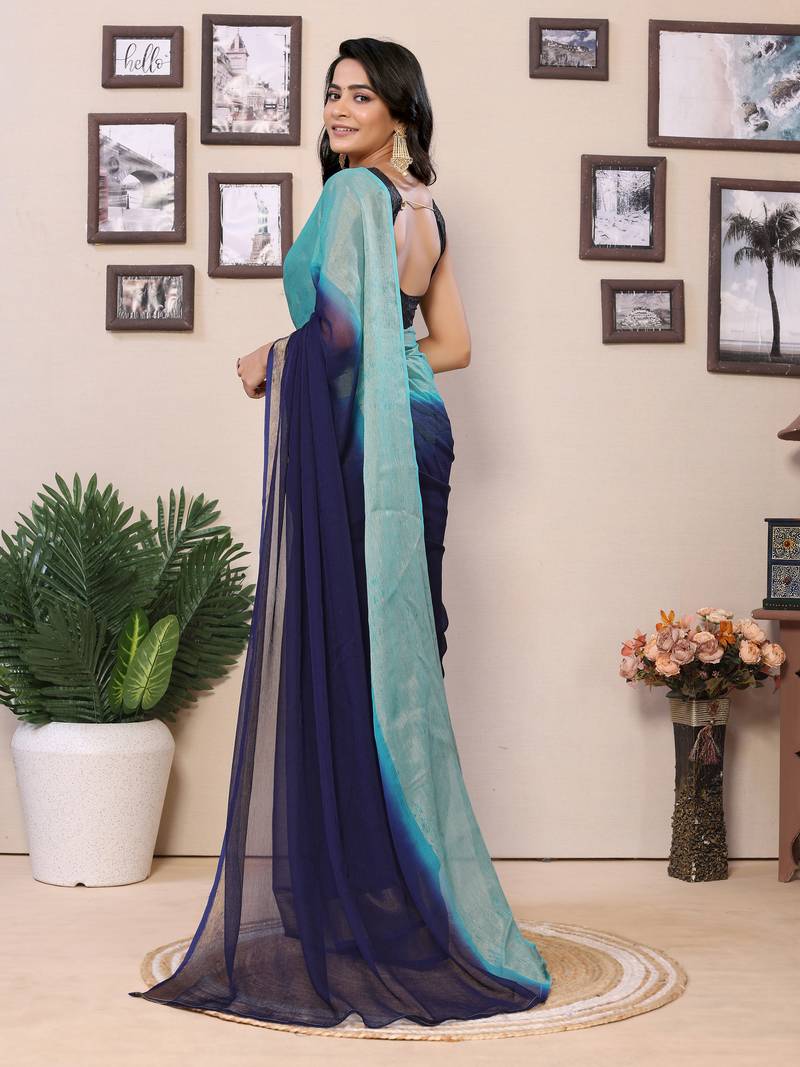 Ready To Wear Blue Chiffon Saree With woven stripe work Saree With Blouse