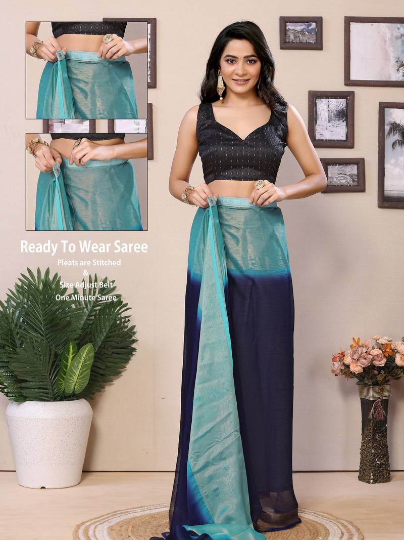 Ready To Wear Blue Chiffon Saree With woven stripe work Saree With Blouse