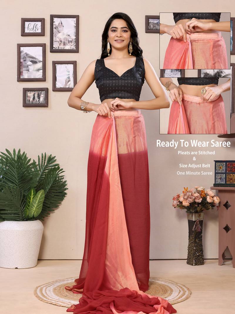 Ready To Wear Red Chiffon Saree With woven stripe work Saree With Blouse