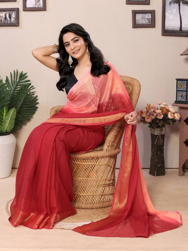 Ready To Wear Red Chiffon Saree With woven stripe work Saree With Blouse
