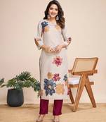 women's beige linen silk floral printed straight kurta with pant