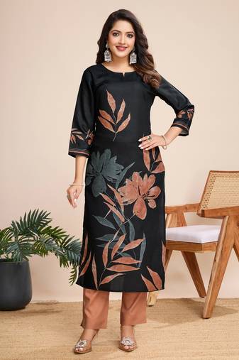 women's black linen silk floral & leaf printed straight kurta with pant