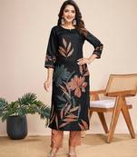 women's black linen silk floral & leaf printed straight kurta with pant