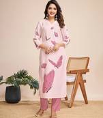 women's pink linen silk butterfly print printed straight kurta with pant