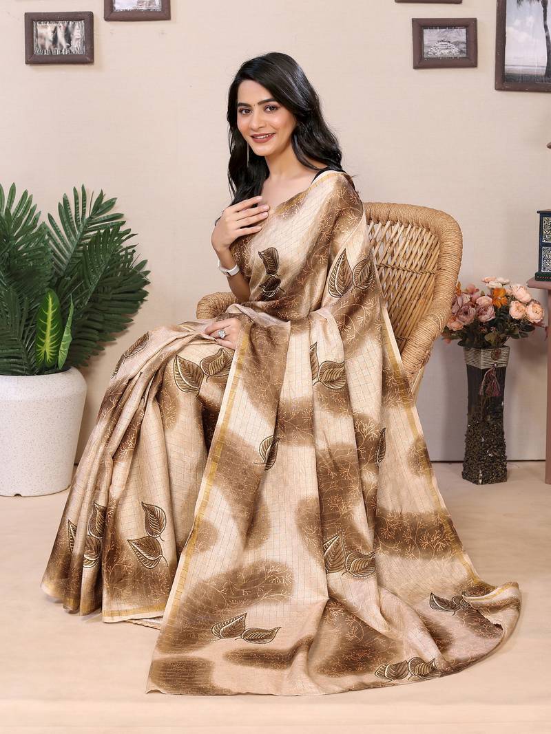 Ready To Wear Cream Silk Saree With woven And Printed Saree With Blouse
