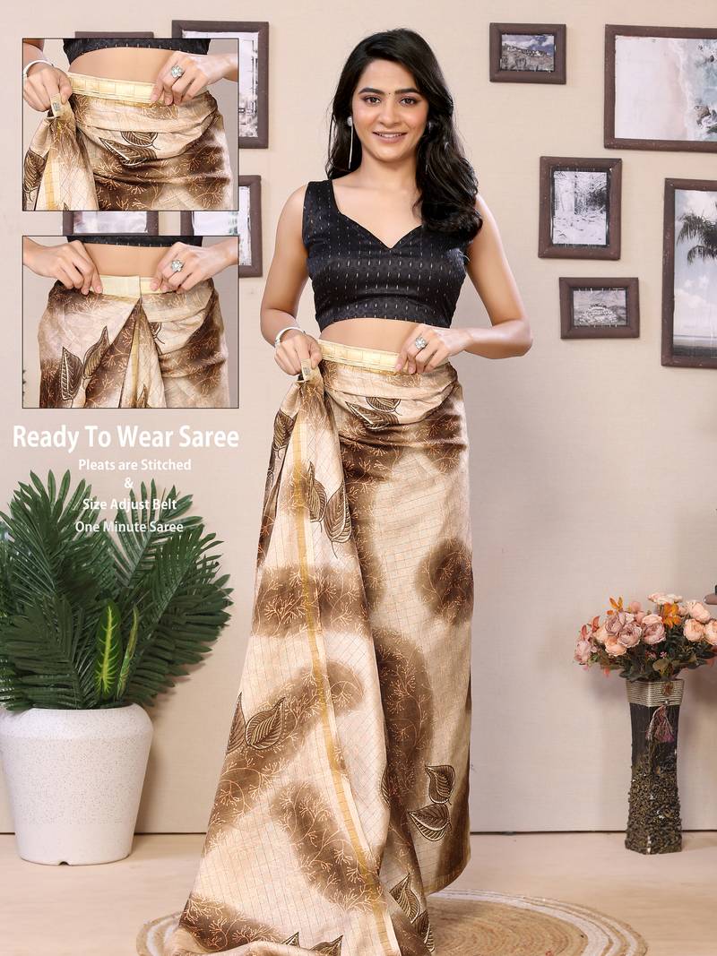 Ready To Wear Cream Silk Saree With woven And Printed Saree With Blouse