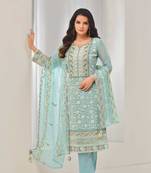 Blue embroidered chiffon  pant straight.(size Free size full stitched Up To 42")