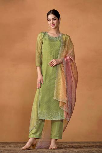 green embroidered organza  pant straight.(size Free size full stitched Up To 42")