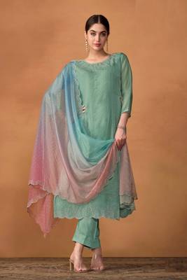 turquoise embroidered organza  pant straight.(size Free size full stitched Up To 42") 1