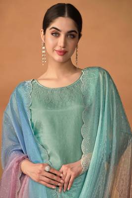 turquoise embroidered organza  pant straight.(size Free size full stitched Up To 42") 2