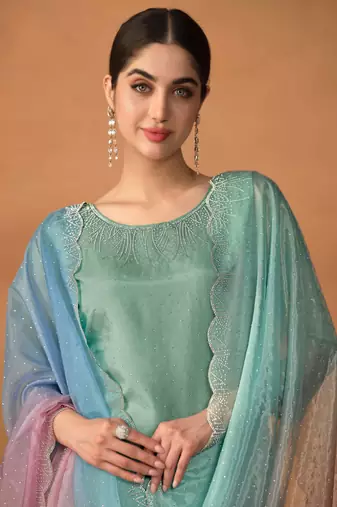 turquoise embroidered organza  pant straight.(size Free size full stitched Up To 42")