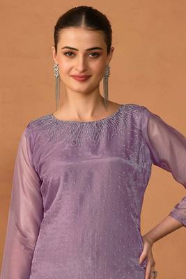 lavender embroidered organza  pant straight.(size Free size full stitched Up To 42") 2