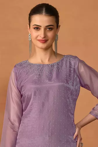 lavender embroidered organza  pant straight.(size Free size full stitched Up To 42")