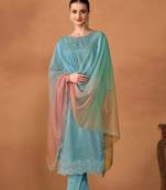 blue embroidered organza  pant straight.(size Free size full stitched Up To 42")